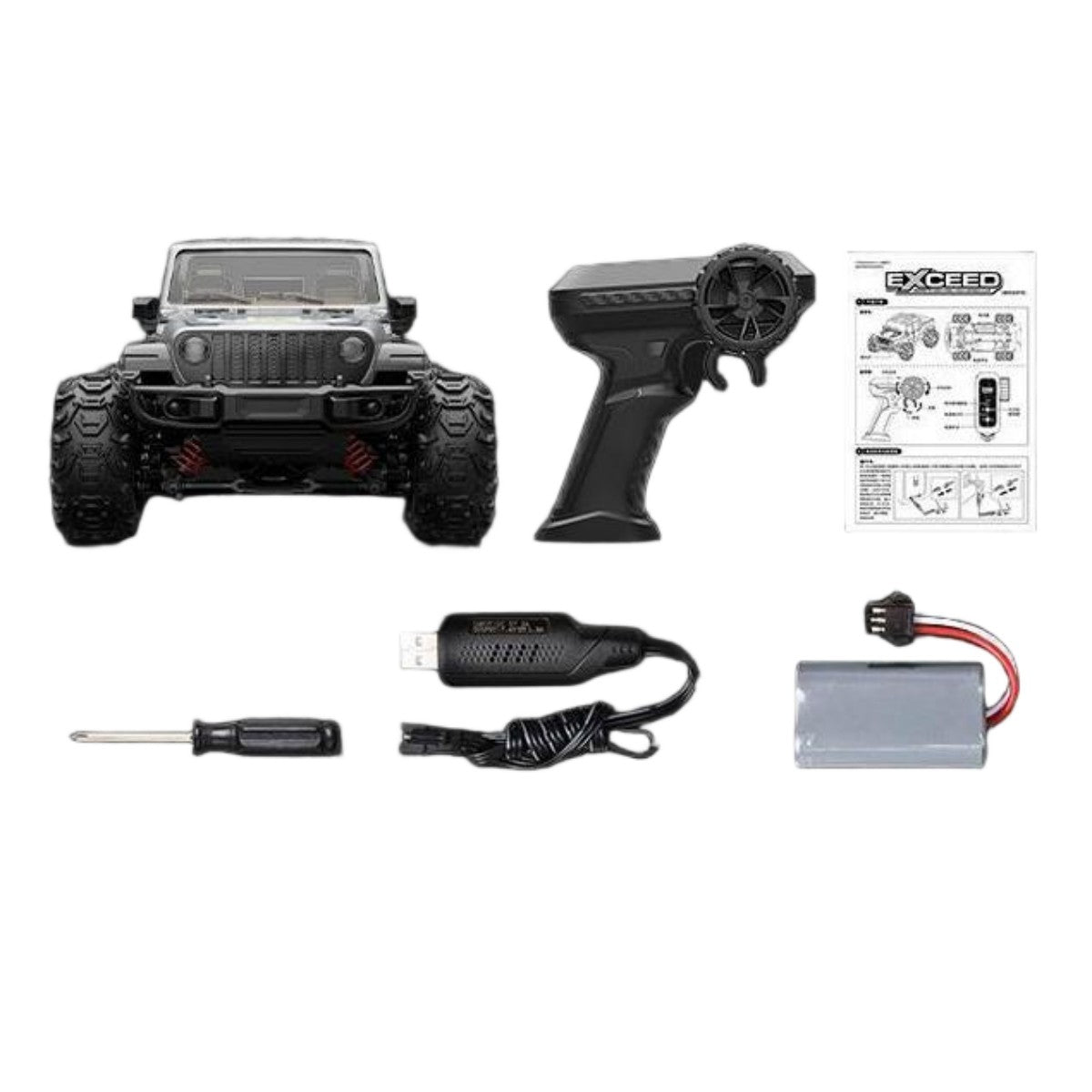 WBRC BG1550 1:20 2.4G 4WD High Speed Pickup Off-Road RC Car with remote, battery, charger, and manual included in the toy set.